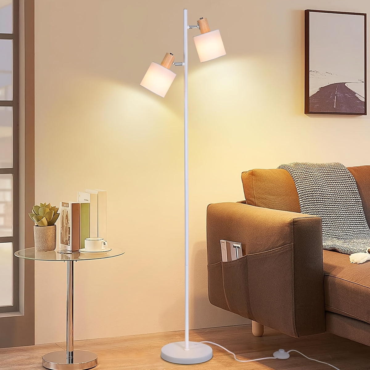 Lampadaire blanc à deux spots en tissu orientables, E14, 145 cm