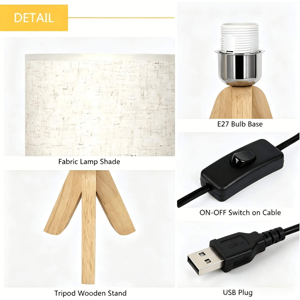 Lampe de chevet trépied en bois et abat-jour tissu, ampoule fournie