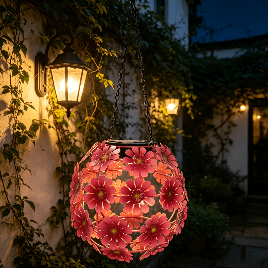 Suspension solaire extérieure boule de fleurs roses et rouges
