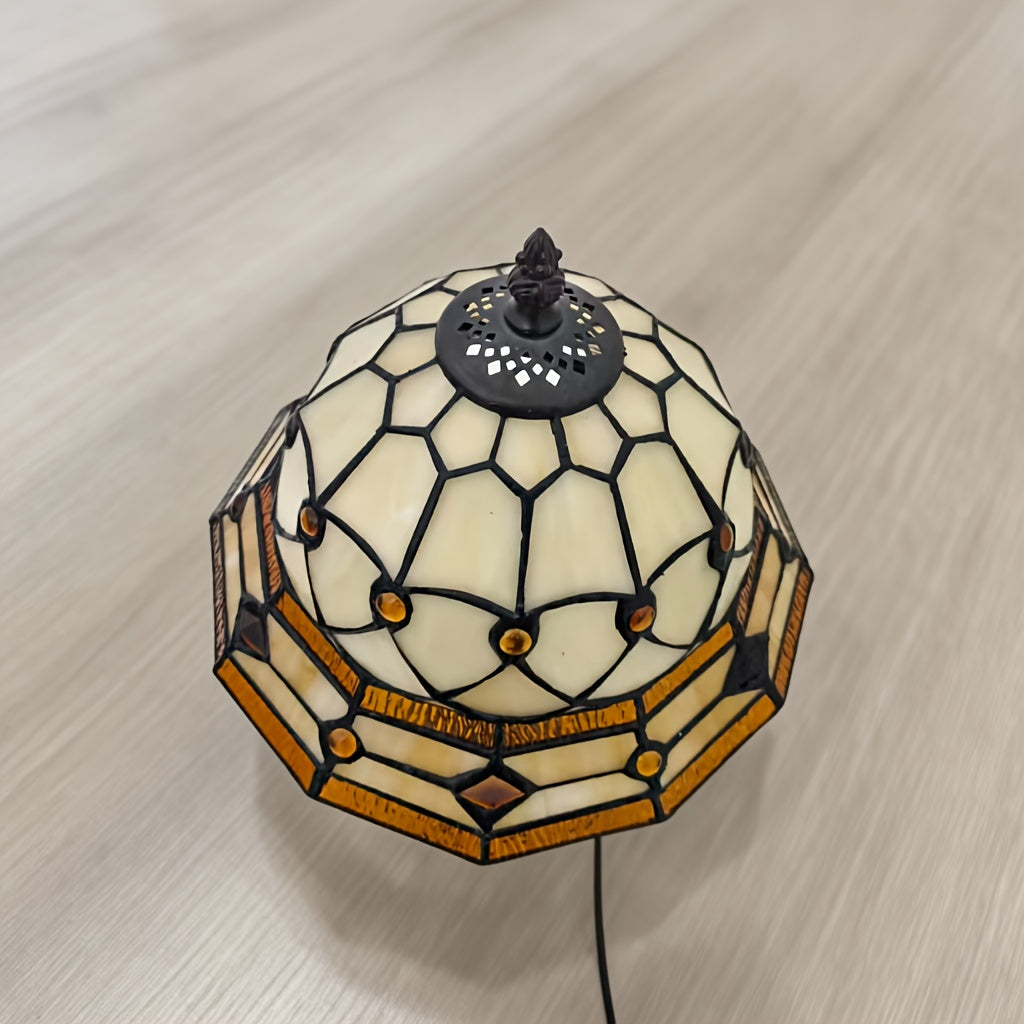 Lampe de table en vitrail ambré et ivoire, pied en résine, E27
