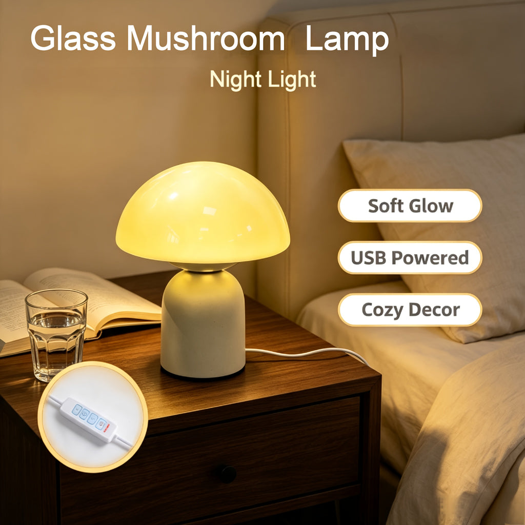 Lampe champignon en verre coloré et pied blanc, branchement USB