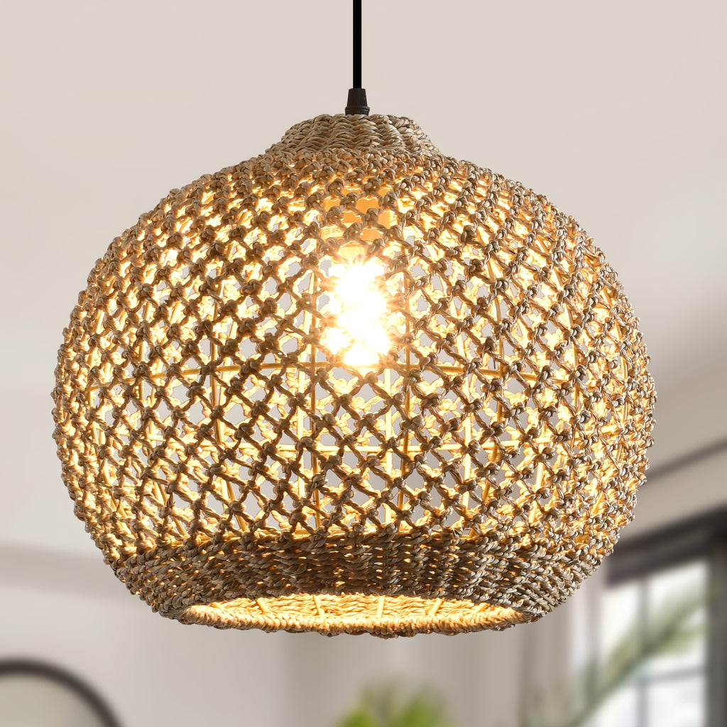 Suspension boule en herbe marine tressée de 35 cm, douille E27