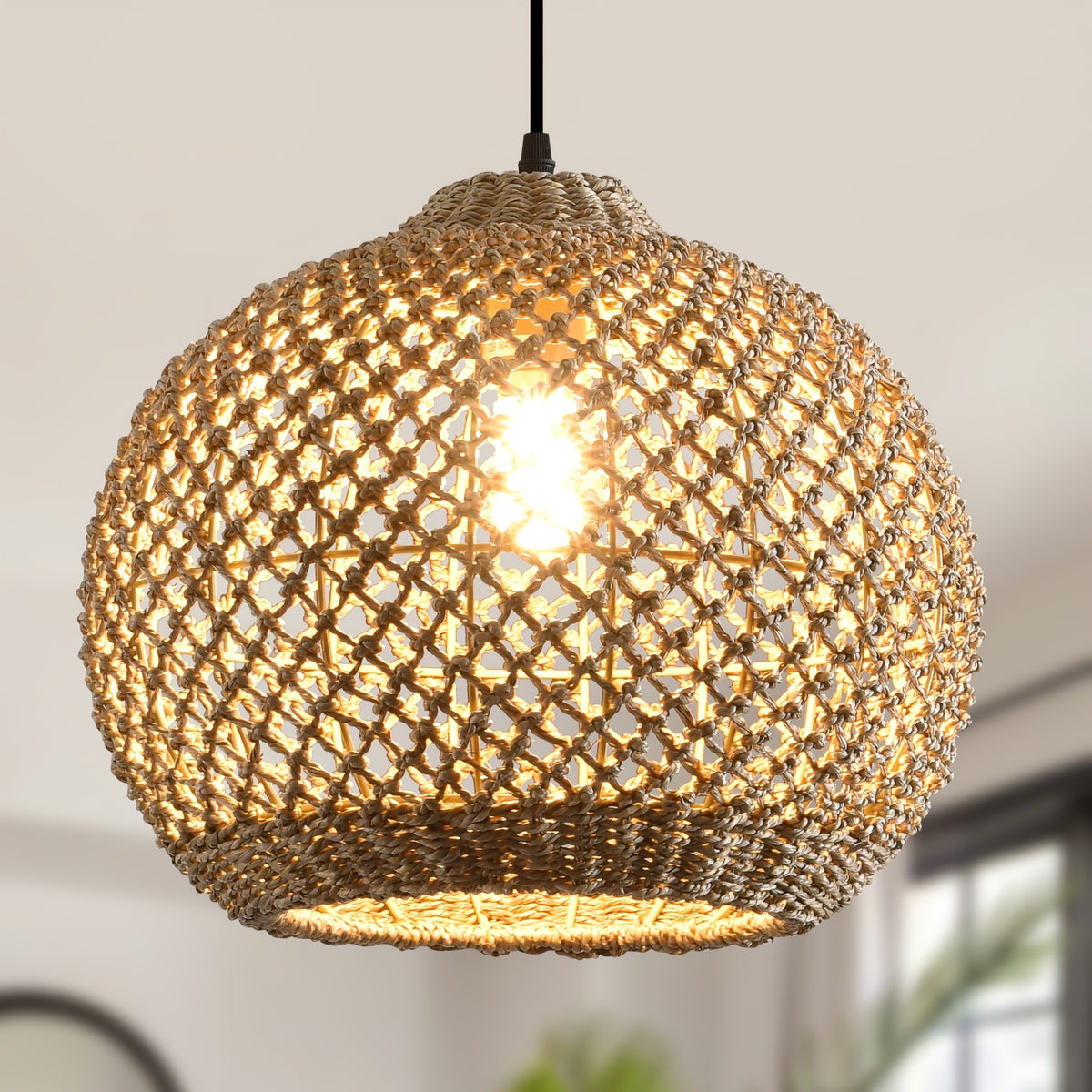 Suspension boule en herbe marine tressée de 35 cm, douille E27