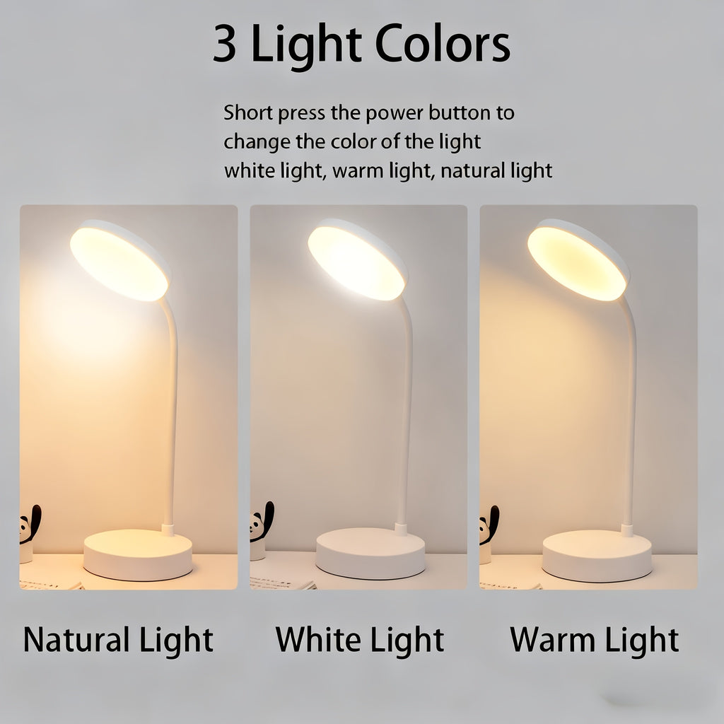 Lampe de bureau LED rechargeable à col flexible, tête ronde blanche