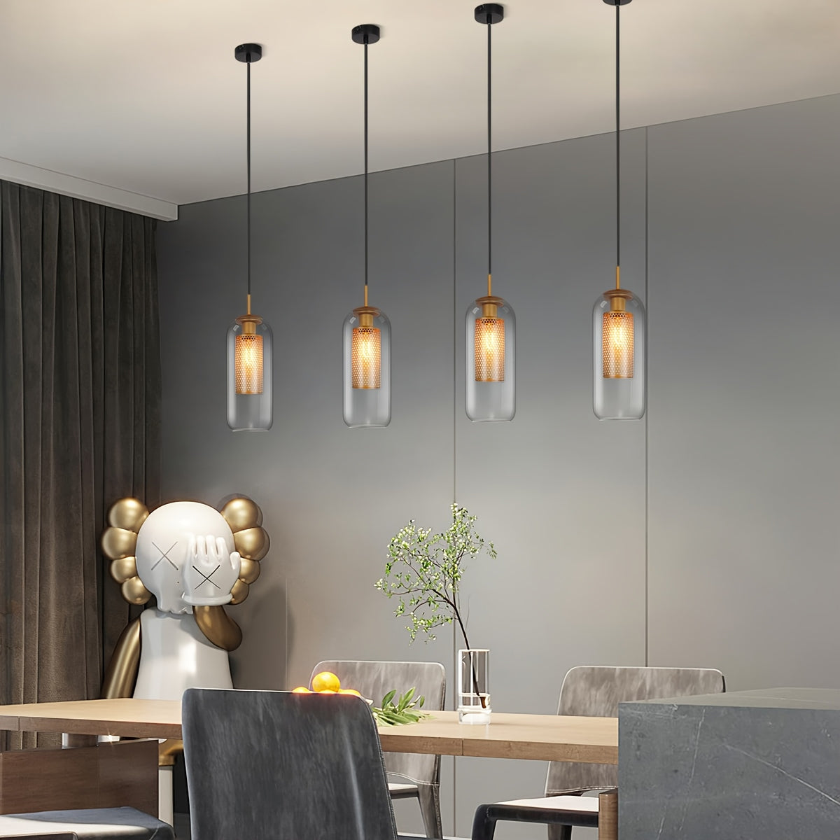 Lot de 2 suspensions capsule en verre clair et grille dorée, E27