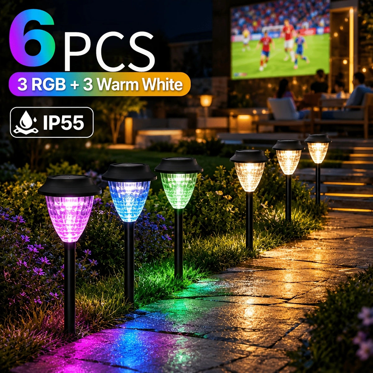 Lampe solaire de jardin à diffuseur facetté, lot de 6 piquets
