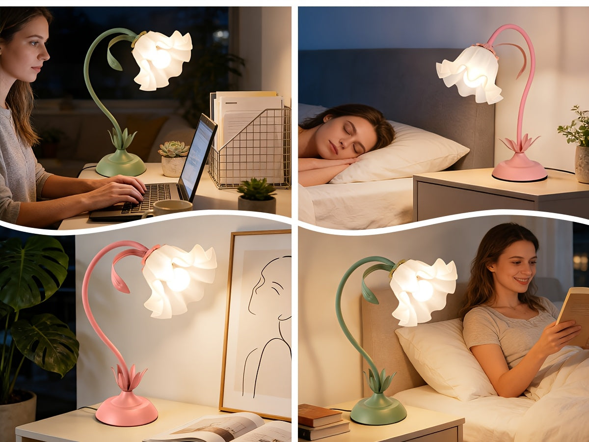 Lampe fleur à col flexible, corolle acrylique, vert ou rose, USB