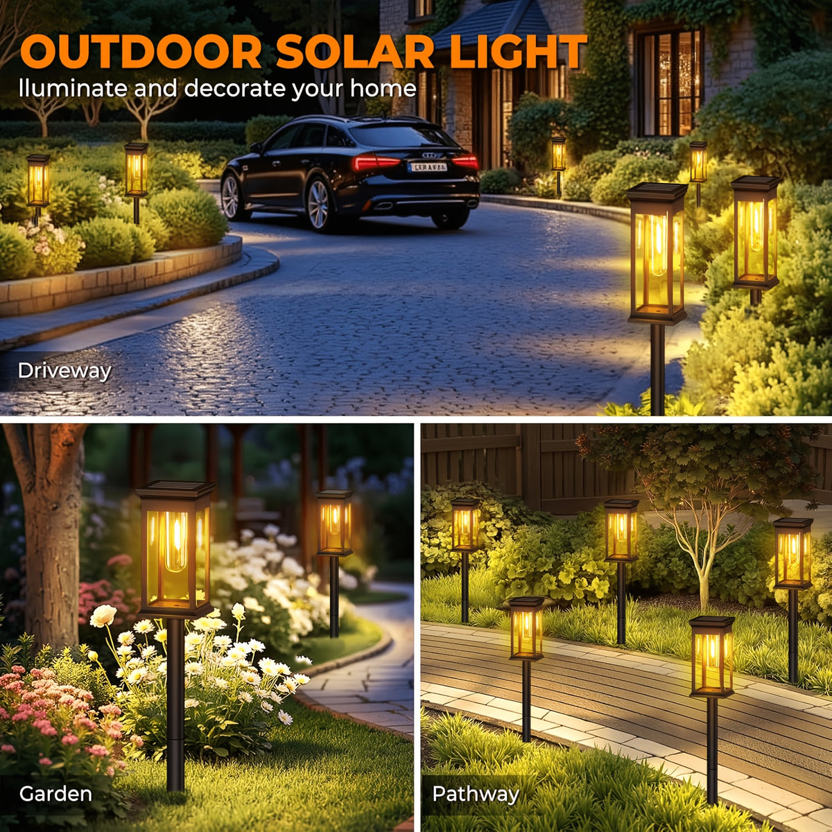 Lanterne solaire de jardin carrée à filament sur piquet, 55 cm