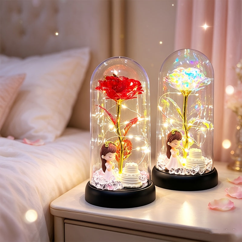 Lampe décorative rose sous cloche, guirlande LED et figurine