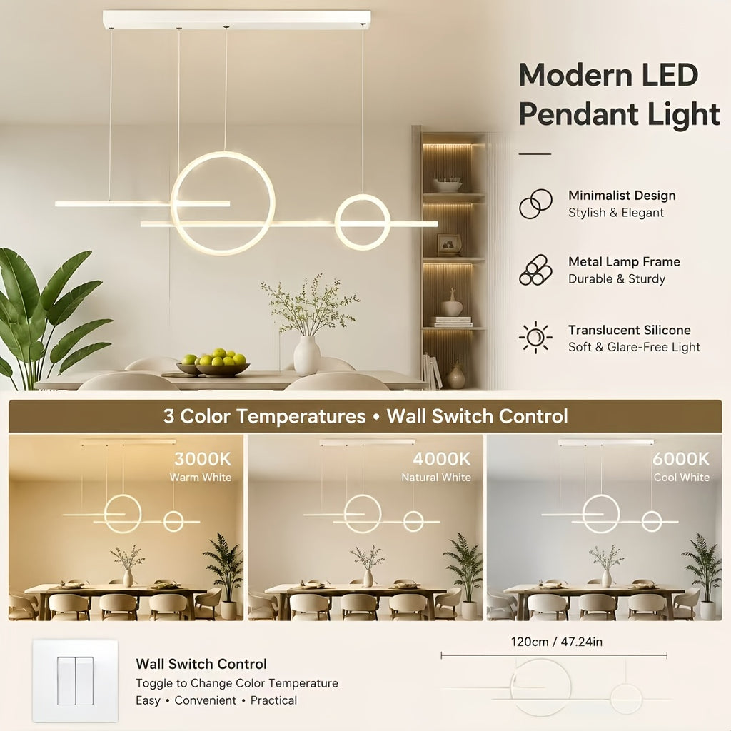 Lustre LED cercles et barres sur 120 cm, en blanc, noir ou doré