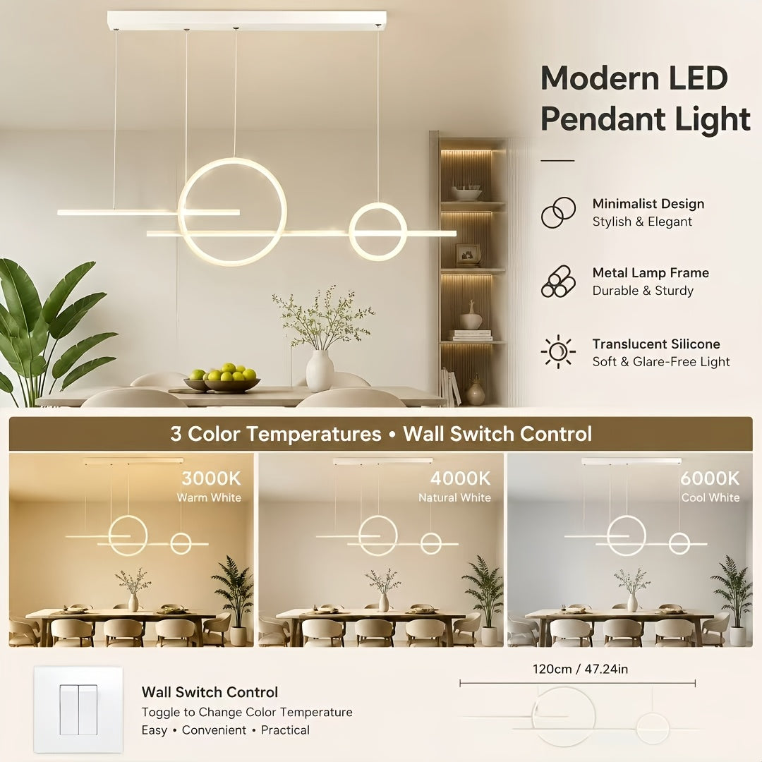 Lustre LED cercles et barres sur 120 cm, en blanc, noir ou doré