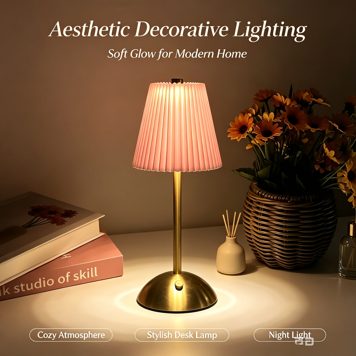 Lampe de table LED sans fil à abat-jour plissé et pied doré, 30 cm