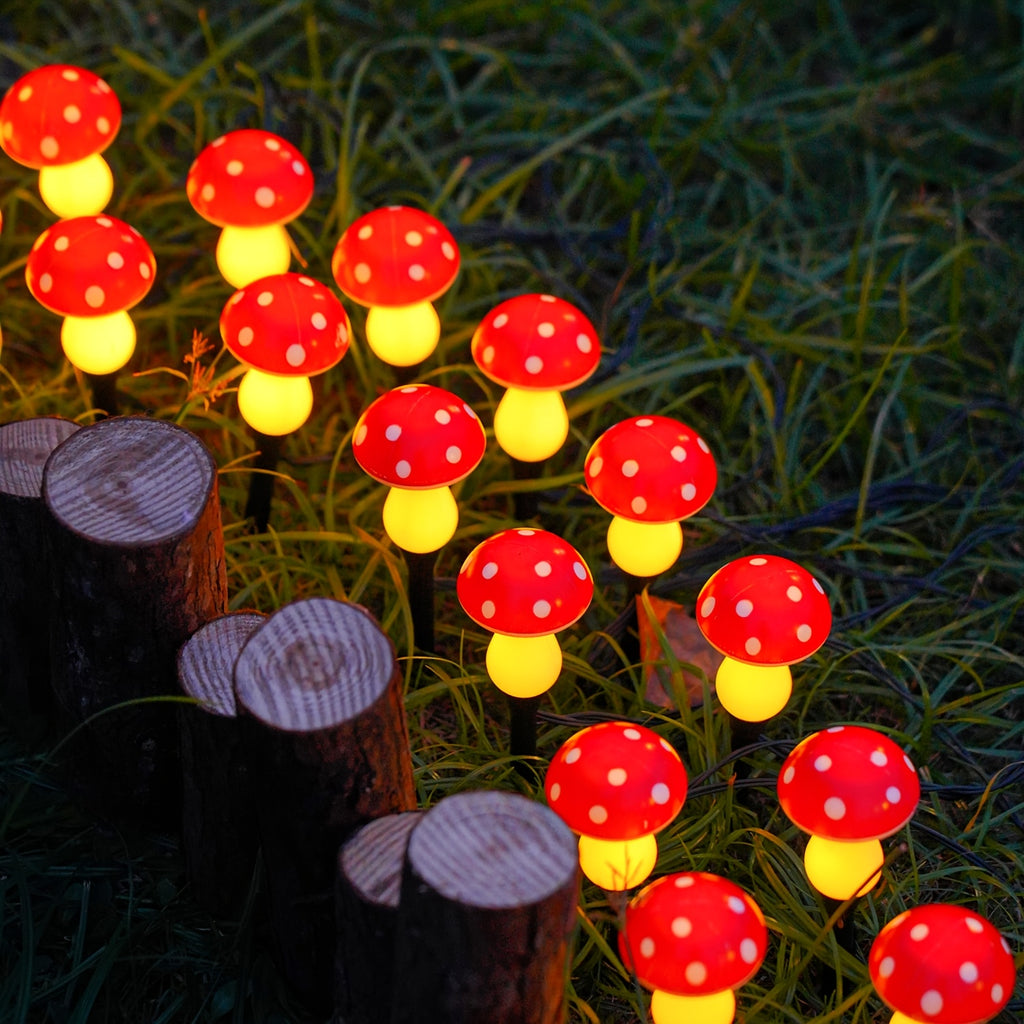 Guirlande solaire champignons rouges à pois, 20 piquets, 11,8 m