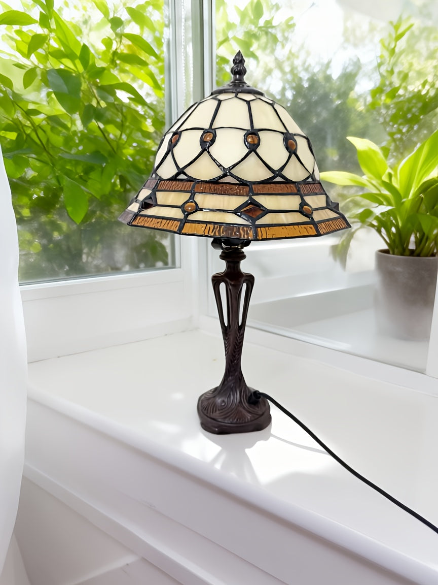 Lampe de table en vitrail ambré et ivoire, pied en résine, E27