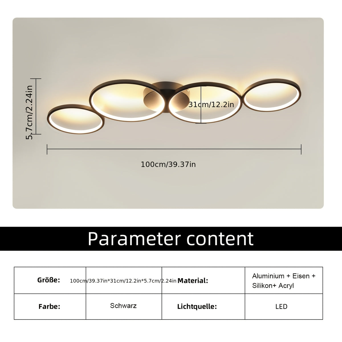 Plafonnier LED 100 cm à quatre anneaux, blanc à variateur ou noir