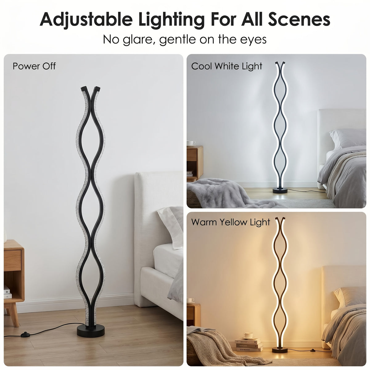 Lampe de sol LED ondulée noire effet cristal, trois teintes, 117 cm