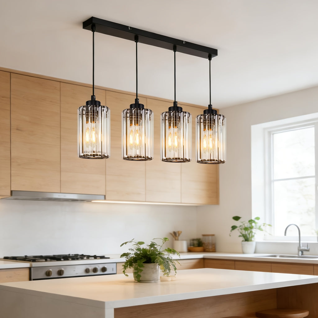 Suspension 3 ou 4 cylindres en verre taillé, barre noire 40 ou 58 cm