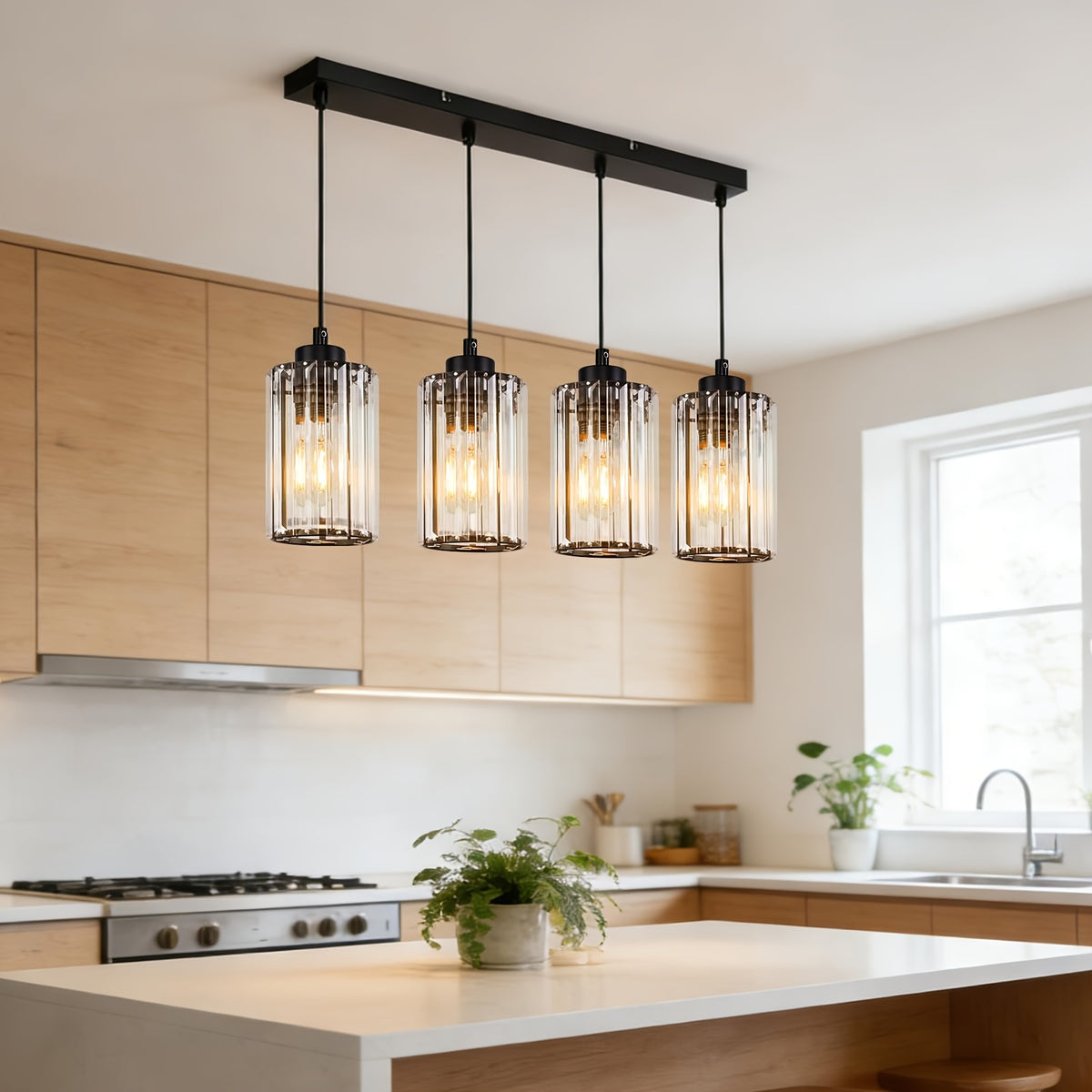 Suspension 3 ou 4 cylindres en verre taillé, barre noire 40 ou 58 cm