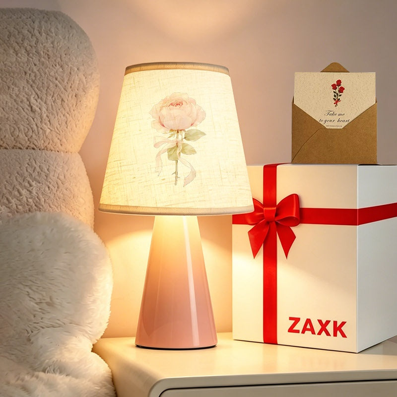 Lampe de chevet rose à rose aquarelle, abat-jour lin et coffret