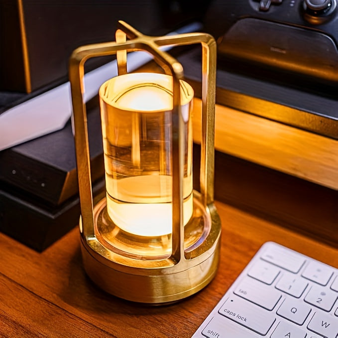 Lampe lanterne sans fil rétro, cylindre transparent et cadre métal