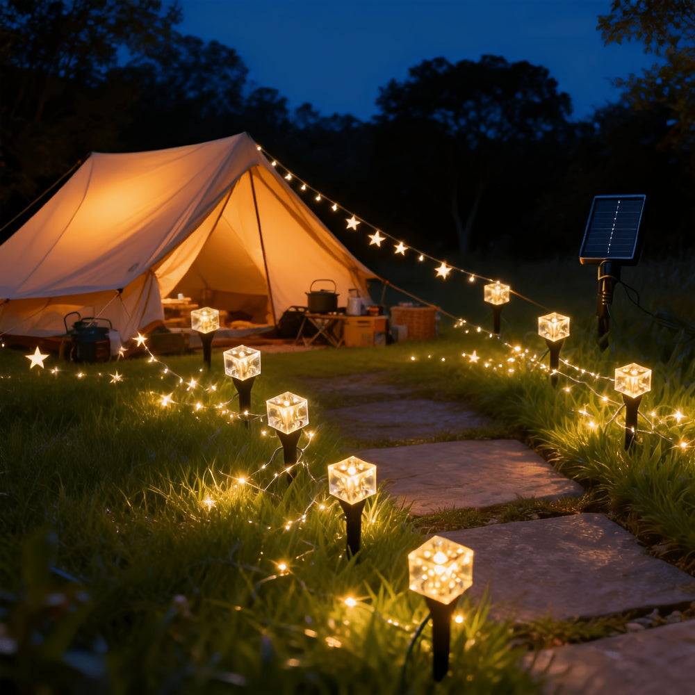 Guirlande solaire cubes effet glaçon sur piquets, 20 ou 30 LED