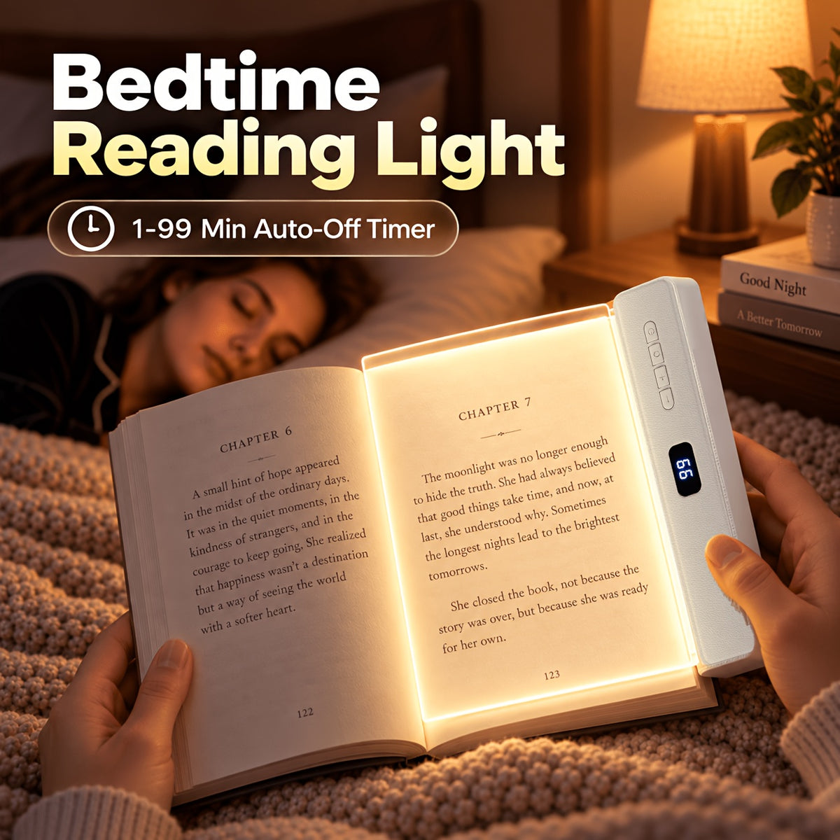 Lampe de lecture à panneau acrylique, minuterie 1 à 99 min, USB-C