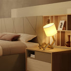 Lampe de chevet robot en bois articulé, abat-jour en lin ivoire