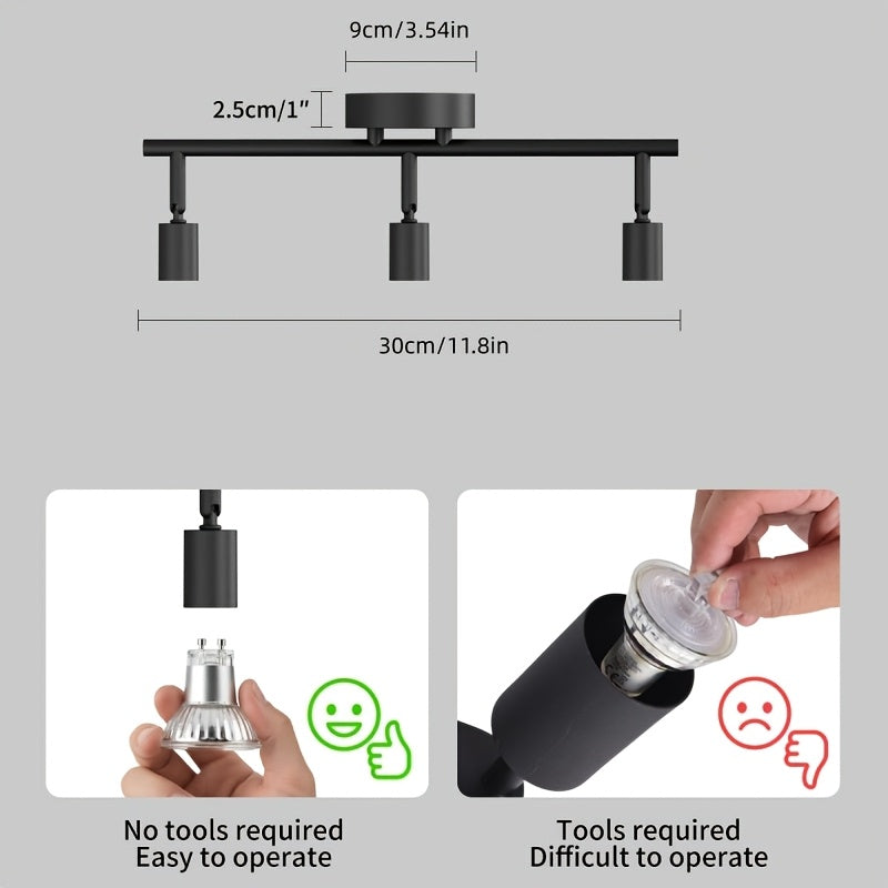 Plafonnier 3 spots GU10 noir sur rampe de 30 cm, à l'unité ou par 2