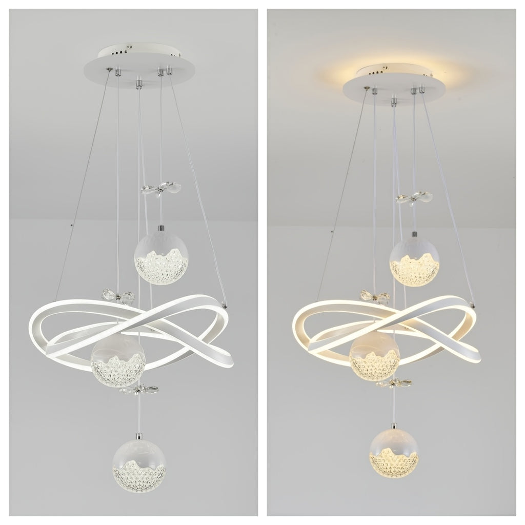 Lustre LED blanc à anneaux entrelacés et globes perlés, trois teintes