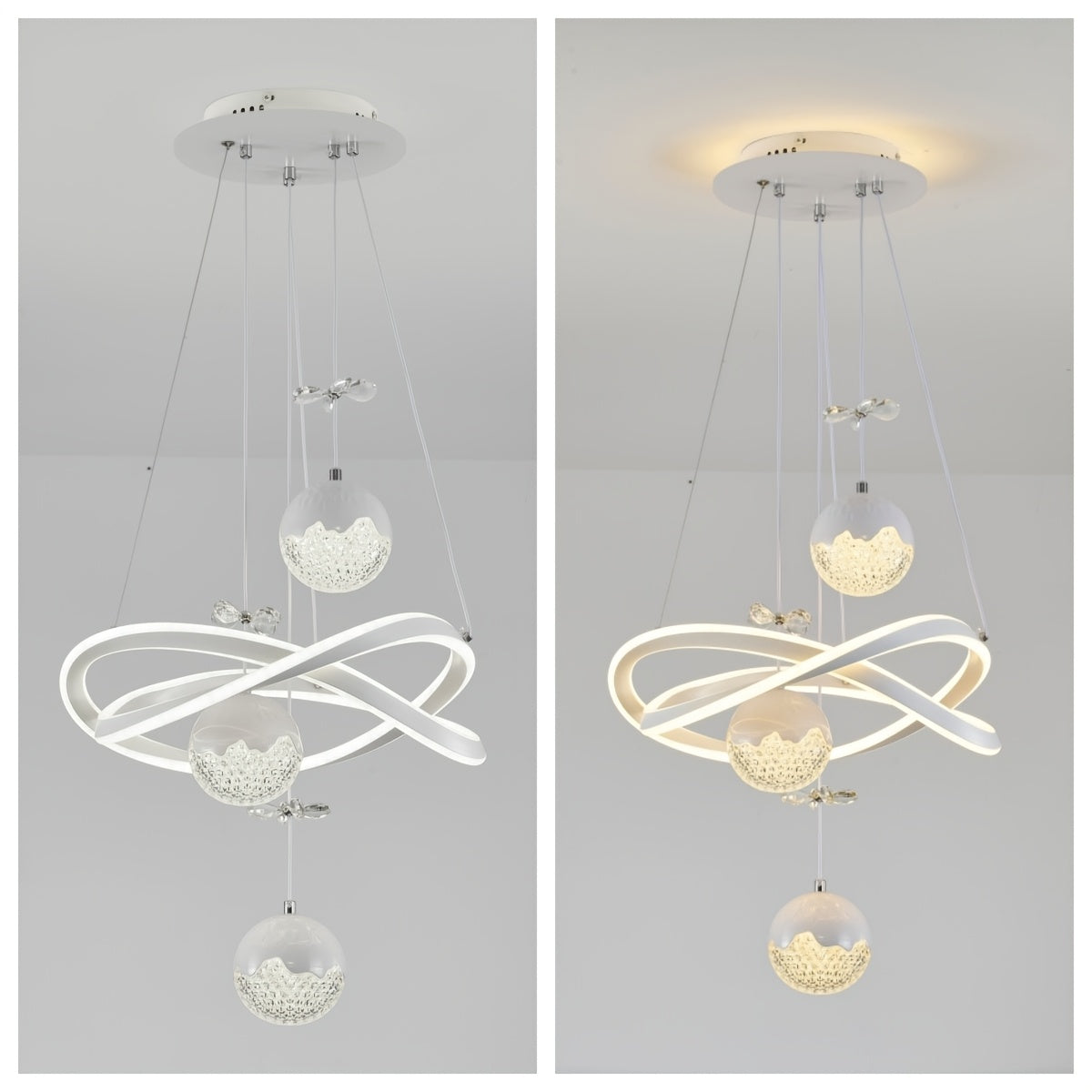 Lustre LED blanc à anneaux entrelacés et globes perlés, trois teintes
