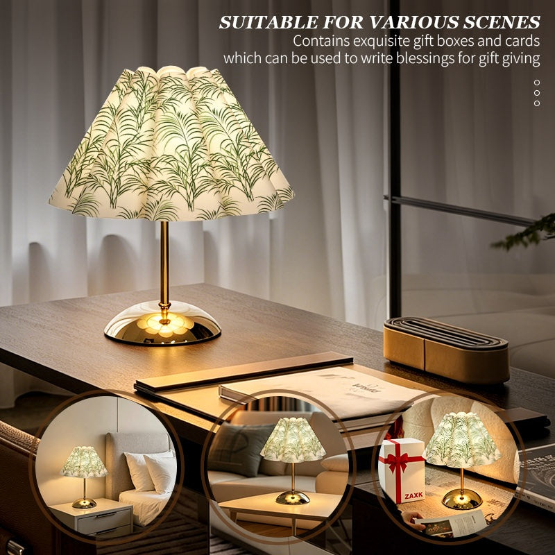 Lampe de table à abat-jour plissé imprimé de palmes vertes
