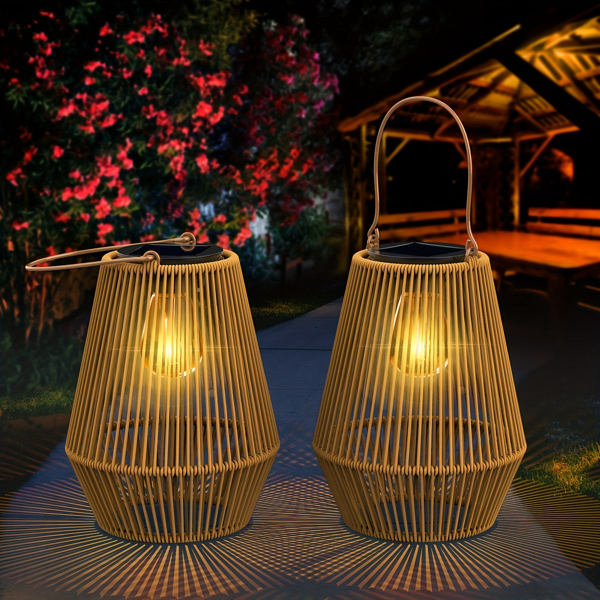 Lot de 2 lanternes solaires tressées effet rotin, 32 cm, IP65