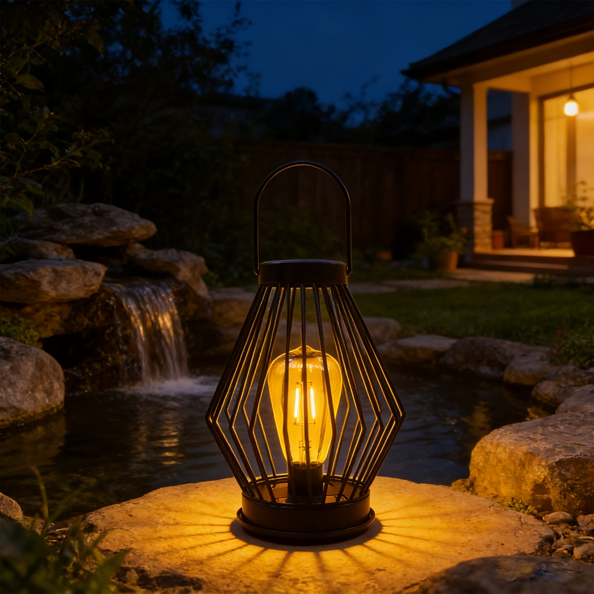 Lanterne solaire en fil de fer noir et ampoule effet Edison, 30,5 cm