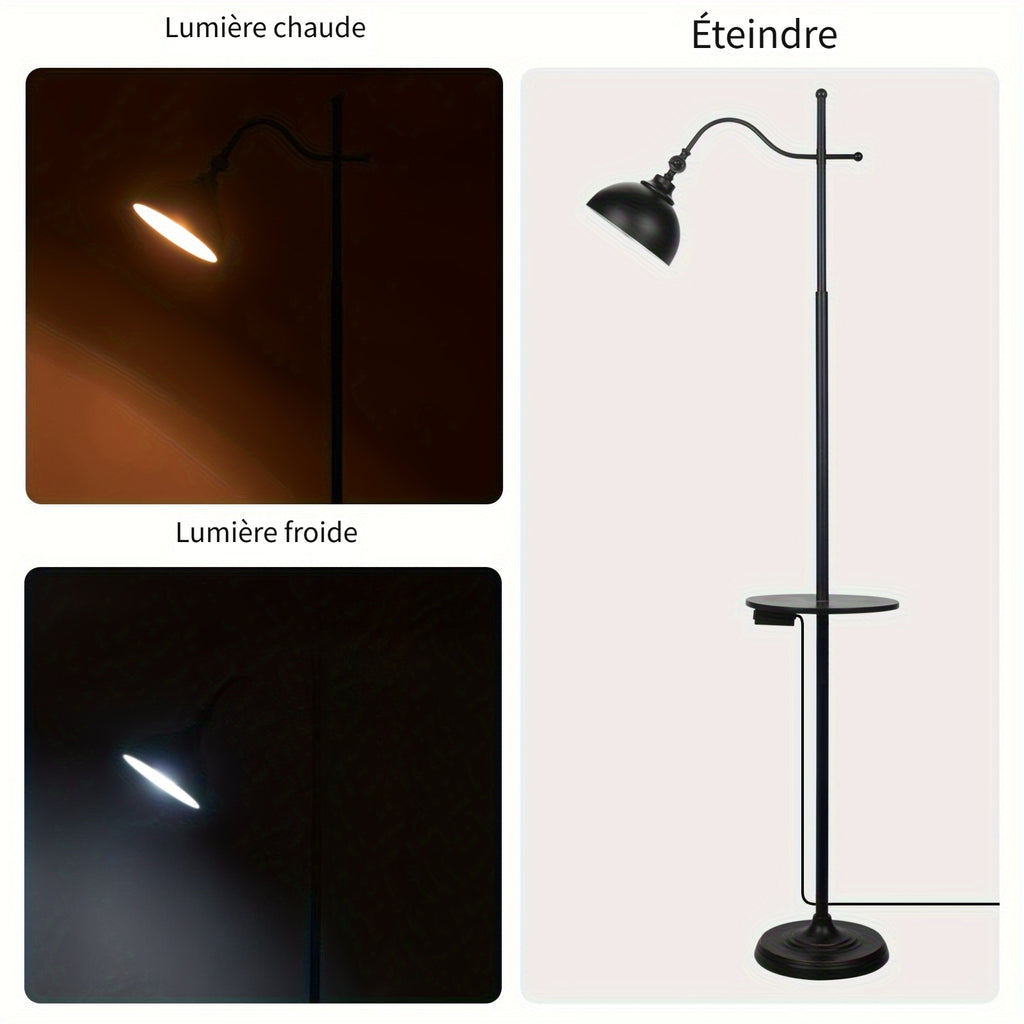 Lampadaire industriel noir avec tablette, recharge sans fil et USB