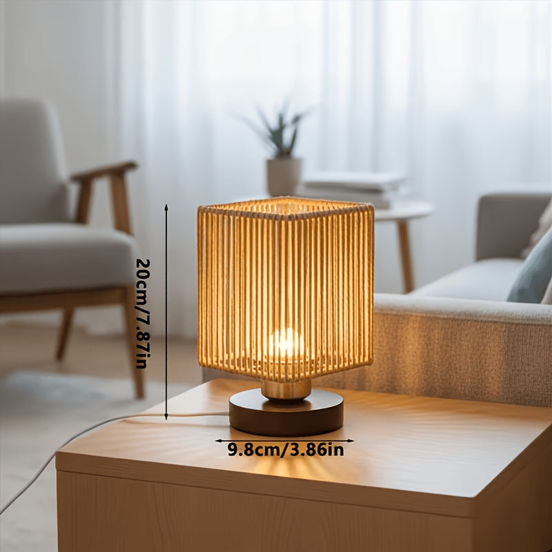 Lampe de chevet carrée en corde torsadée et socle en bois