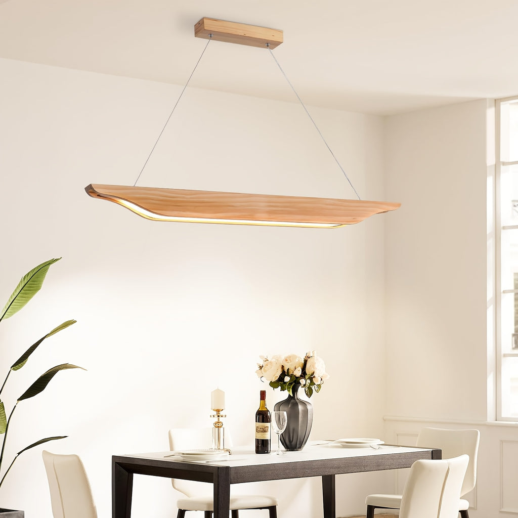 Suspension LED linéaire en bois clair aux bords relevés, 90 cm