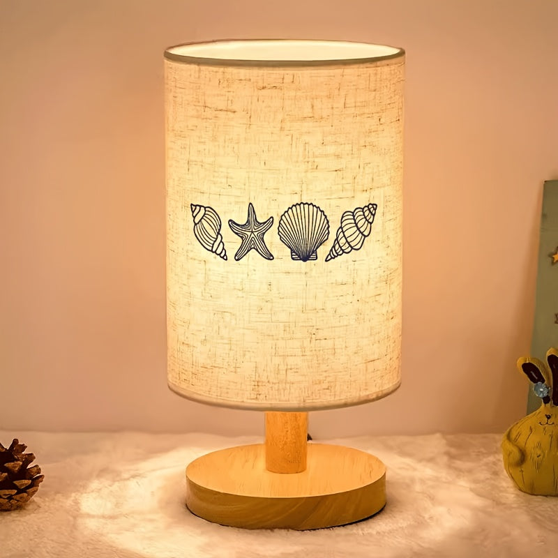 Lampe de chevet en bois, abat-jour imprimé de coquillages marins