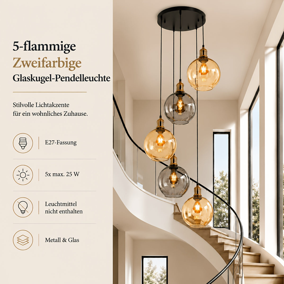 Suspension cascade 5 globes en verre ambré et fumé, hauteur 156 cm