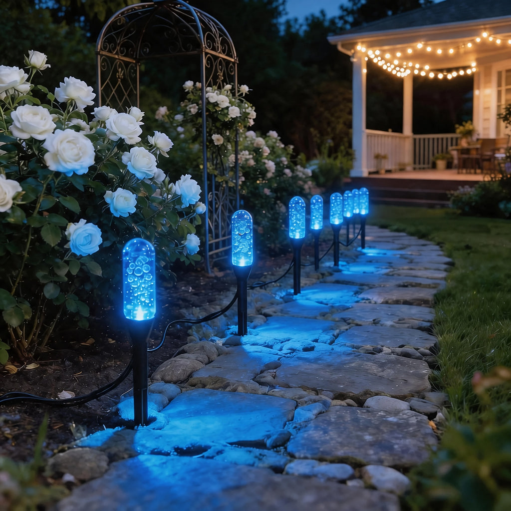Guirlande solaire de balises bleues effet cristal à piquets, IP44