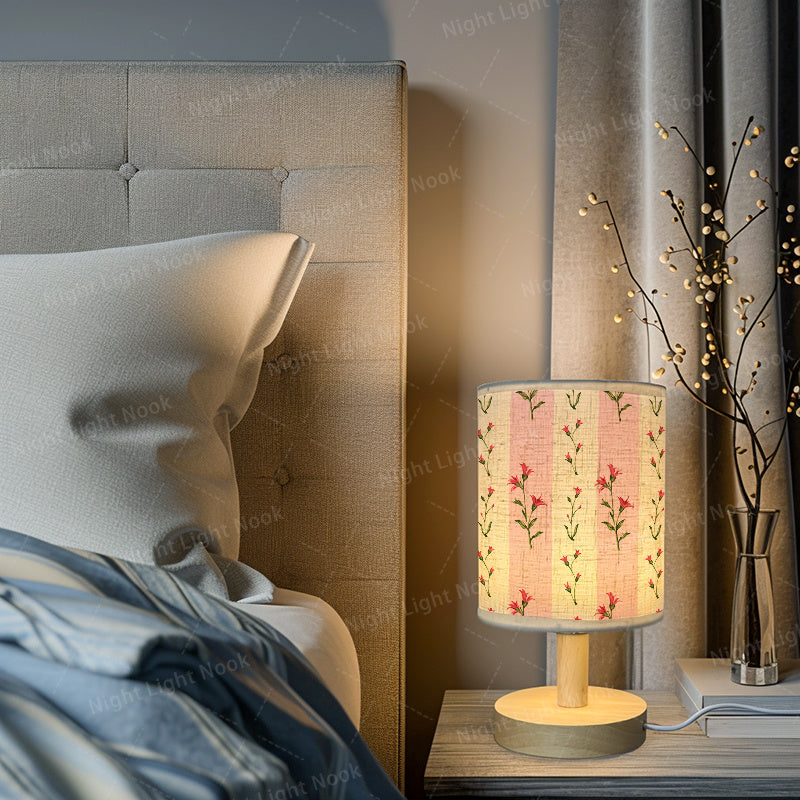Lampe de chevet à rayures roses et brins fleuris, tissu et USB