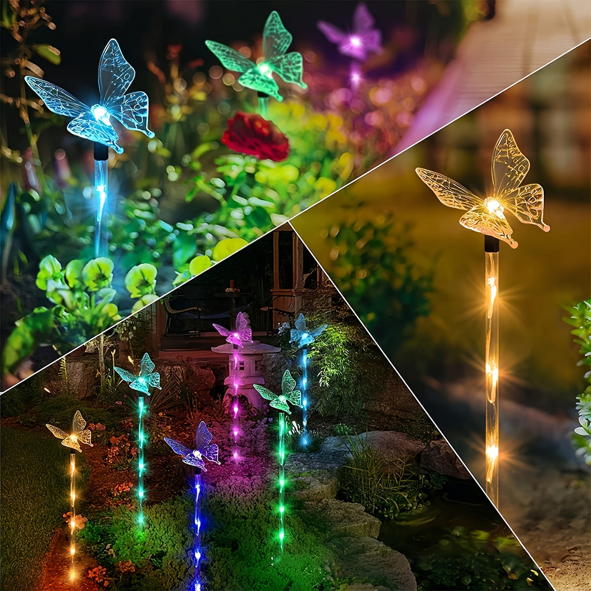 Lampe solaire papillon transparent sur tige lumineuse, lot de 4