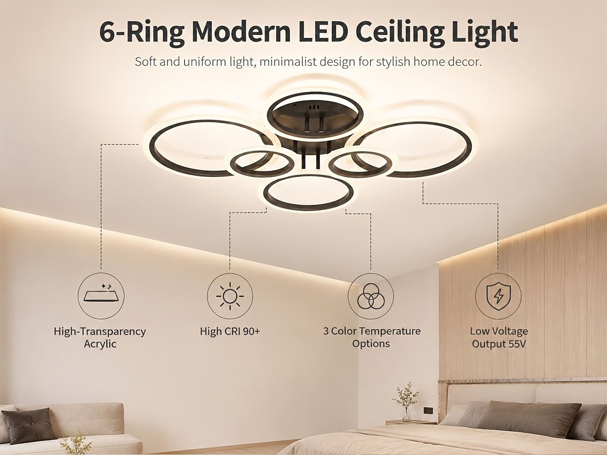 Grand plafonnier LED à 6 anneaux, doré ou noir, 79 cm, trois teintes