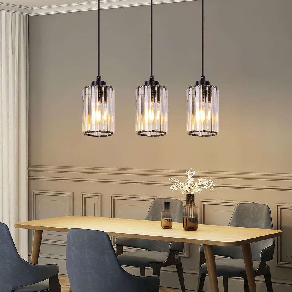 Suspension 3 ou 4 cylindres en verre taillé, barre noire 40 ou 58 cm
