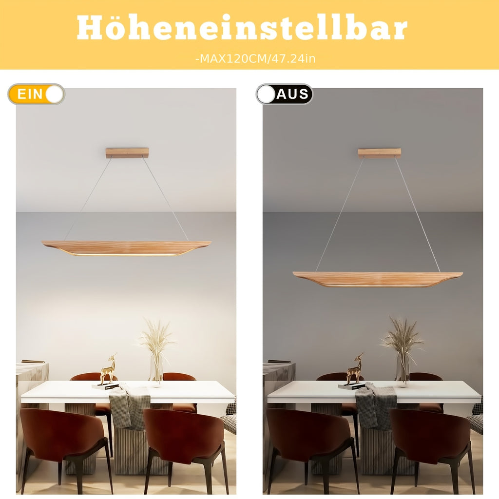 Suspension LED linéaire en bois clair aux bords relevés, 90 cm