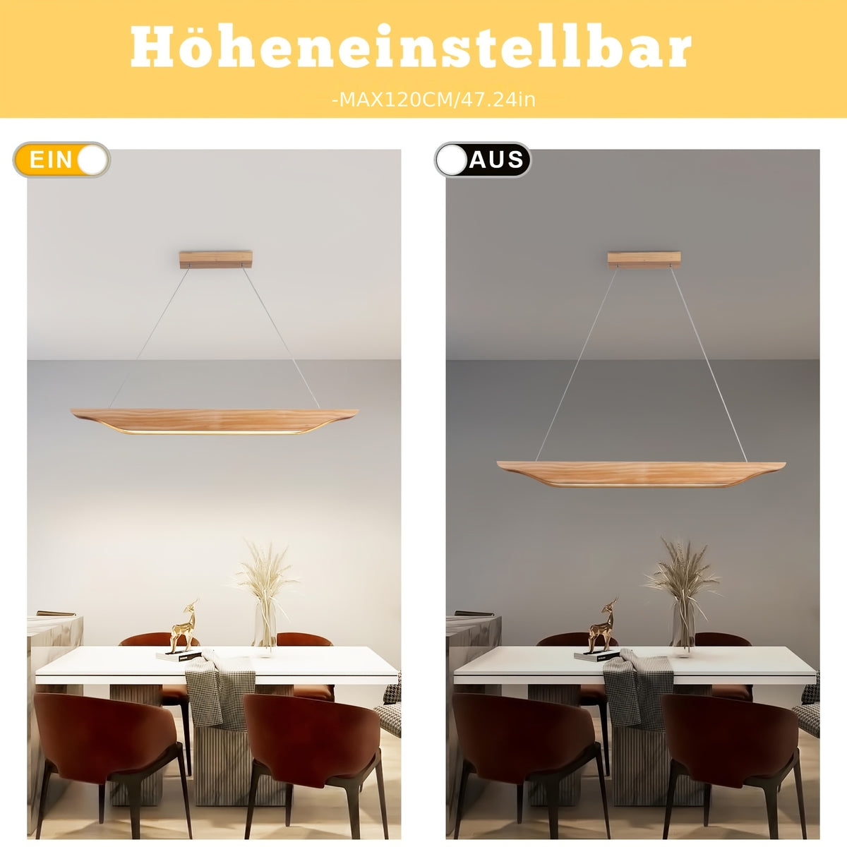 Suspension LED linéaire en bois clair aux bords relevés, 90 cm