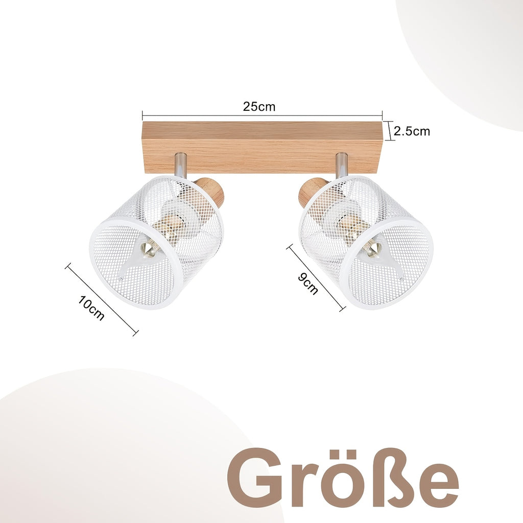 Plafonnier barre effet bois à 3 ou 4 spots grillagés blancs, E14
