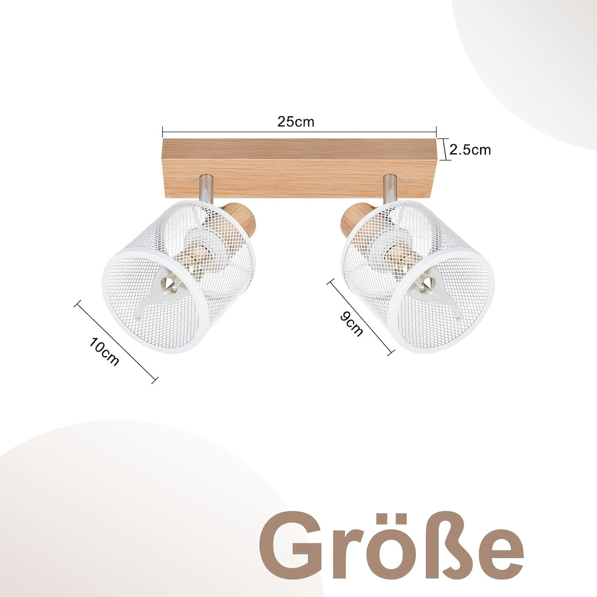 Plafonnier barre effet bois à 3 ou 4 spots grillagés blancs, E14
