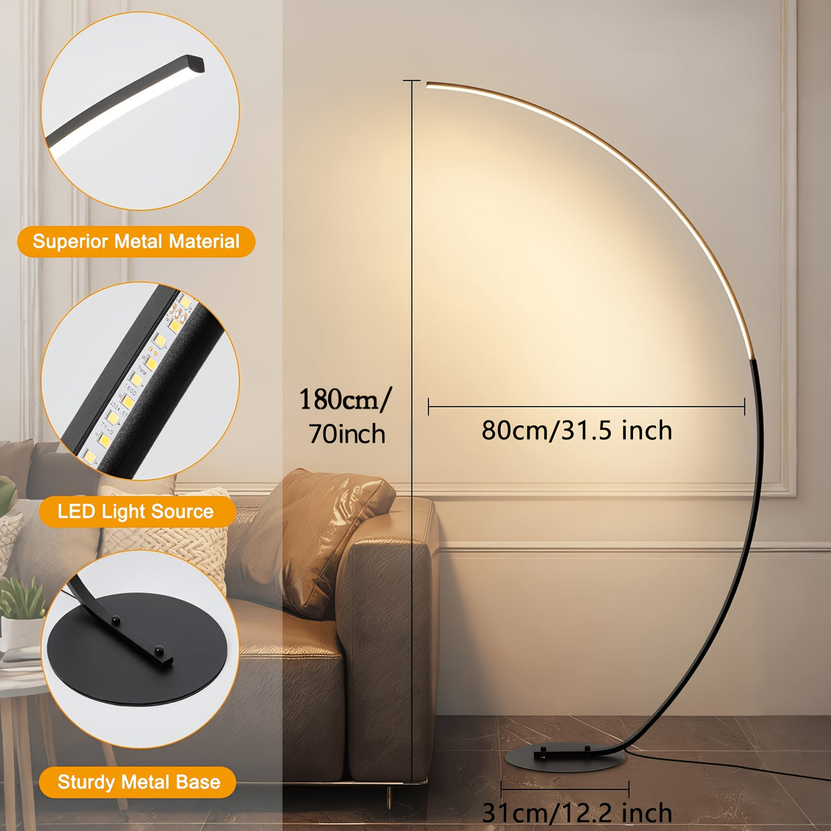 Lampadaire arc LED noir 180 cm, trois blancs et variateur