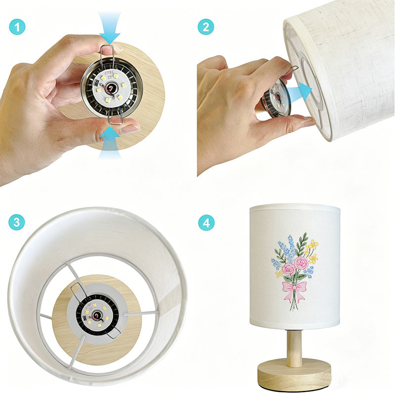 Lampe de chevet USB à bouquet de roses et nœud rose, tissu crème