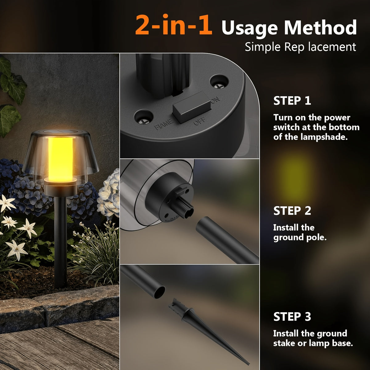 Lampe solaire 2 en 1 de table ou à piquer, effet flamme, IP44